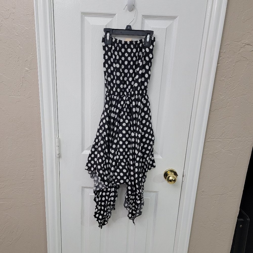 Black and white polka dot strapless asymmetrical hem dress girls 6Y